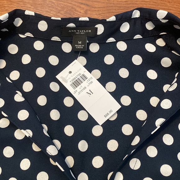 Ann Taylor Mod Dot shirt navy blue polka dot sleeveless button up with tie front - Picture 3 of 4